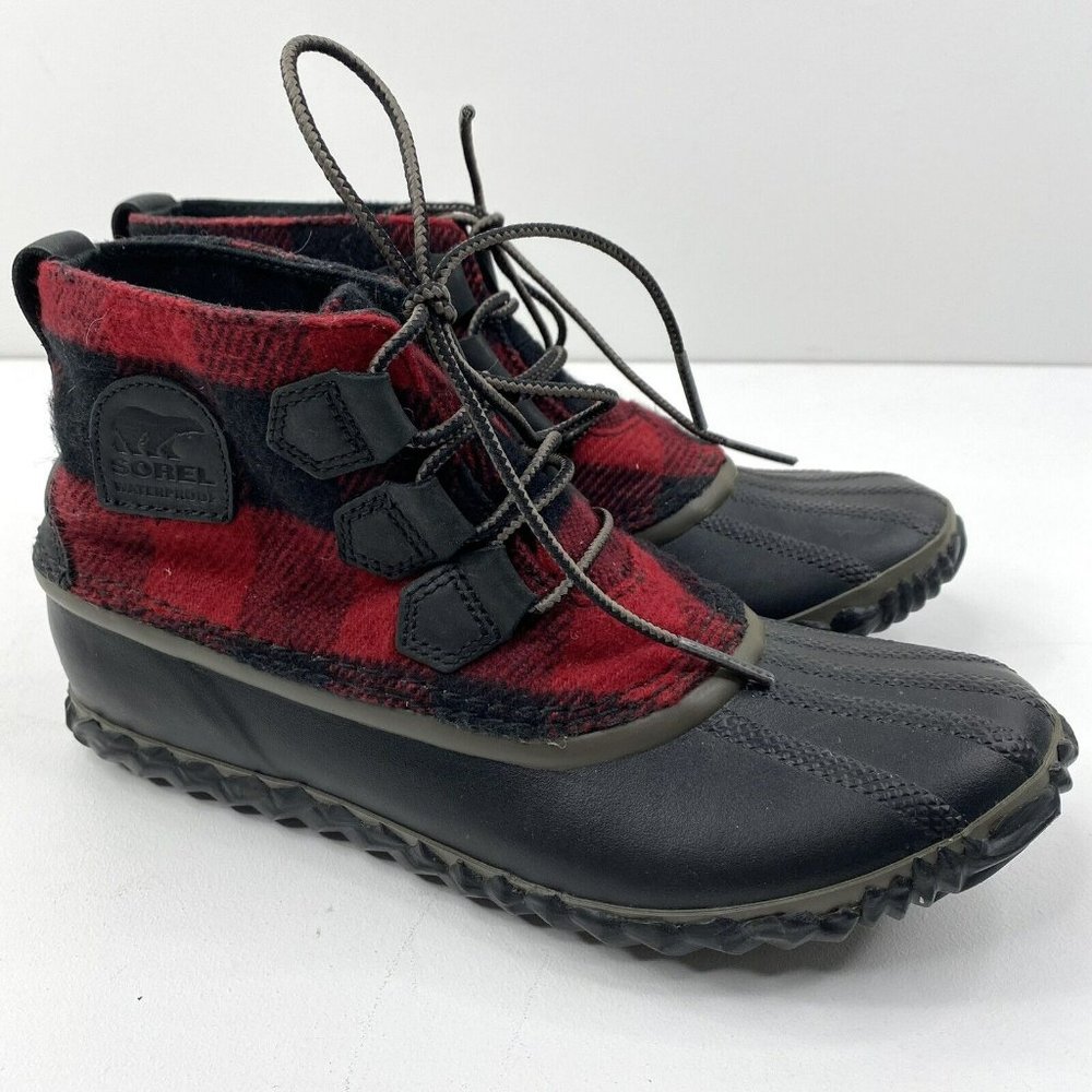 SOREL Out N About Plus Duck Boots Red Black Buffalo Plaid Size 8 NL2544